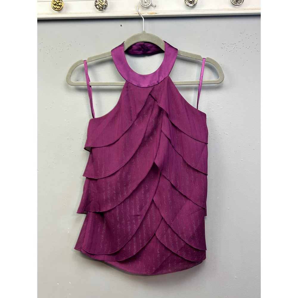 BCBGeneration Halter Top‎ Women XS Purple Metallic Stripe Tiered Layered Petal